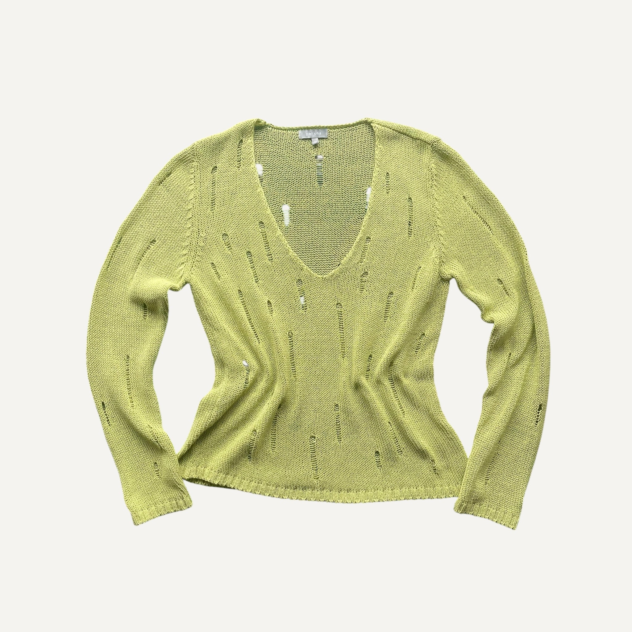 Vintage Lime Green Peruna Distressed Open Knit Long Sleeve Y2K 2000s Medium - Image 7