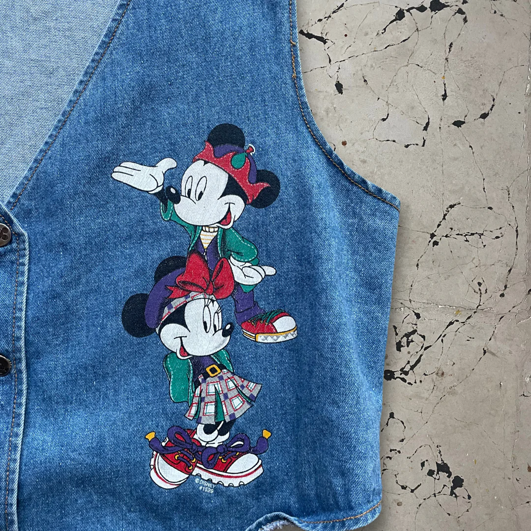 Vintage 1990s Disney Minnie and Mickey Mouse Print Denim Waistcoat - Image 5